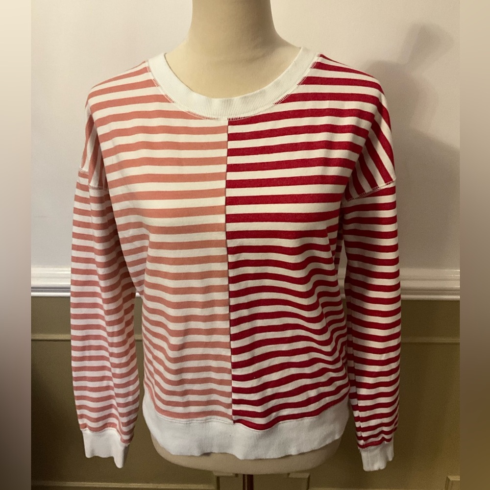 Evereve Pink and Red Striped Crew Neck Sweater